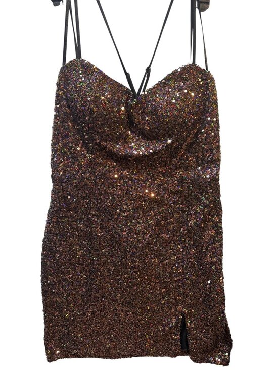 City Studio Dresses & Skirts - City studio Size 13/14 Sequin Bronze Mini Dress With Strappy Back & Side Slit